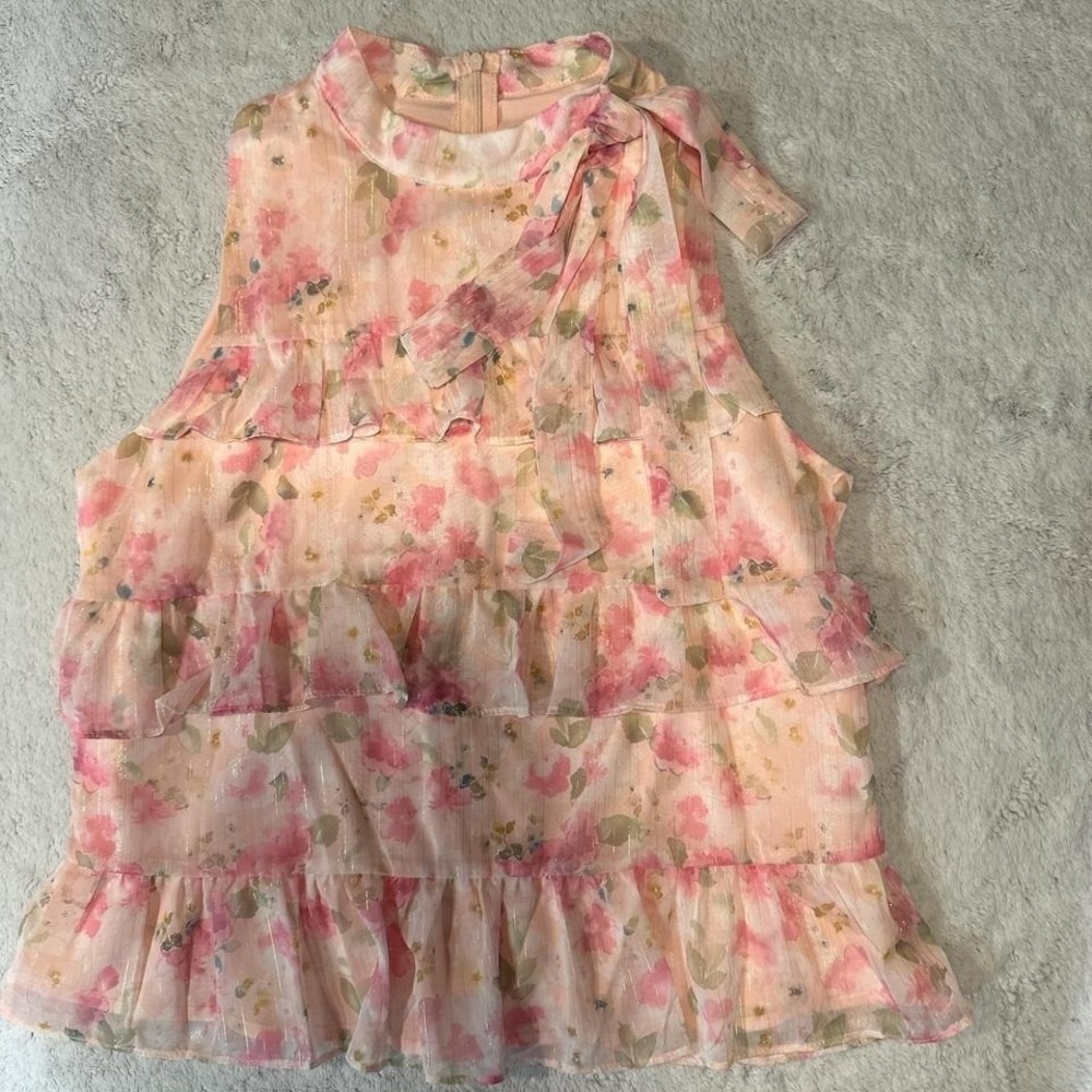 Romantic tiered layered floral top bay pink ruffle top tie neck LARGE - Picture 2 of 8